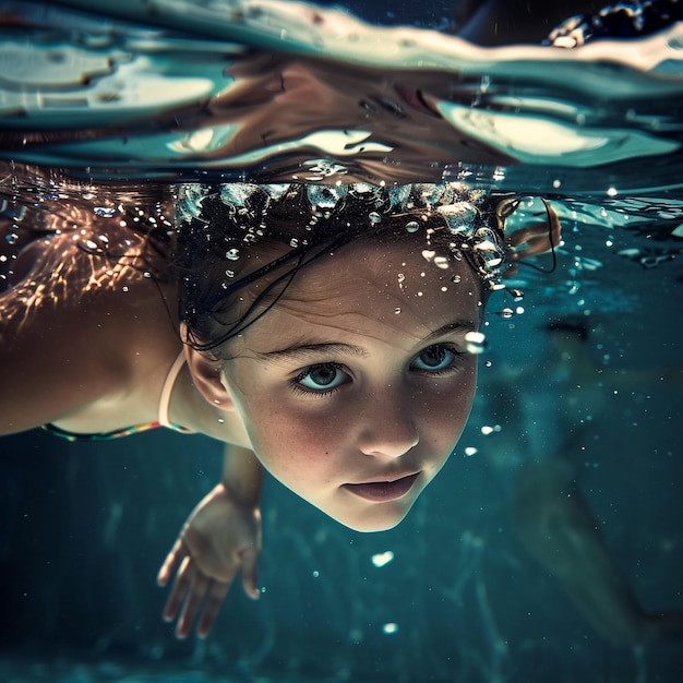 una ragazza sta nuotando sotto l'acqua con la parola su di essa