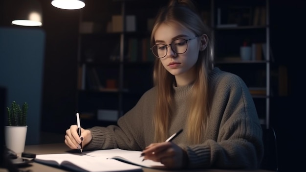 Una ragazza sta scrivendo a una scrivania in una stanza buia.