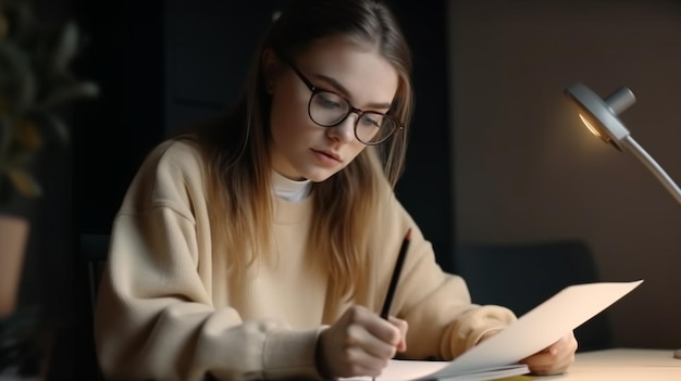 Una ragazza sta scrivendo alla scrivania con una matita.