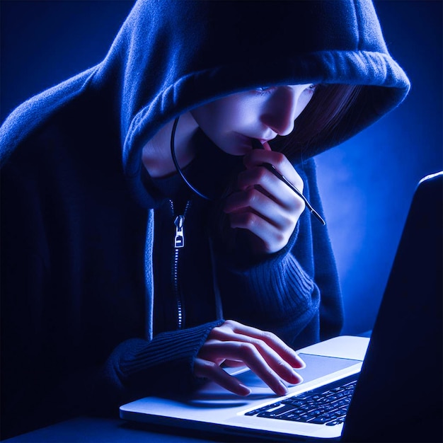 una ragazza sta scrivendo su un portatile e lo schermo indossa un cappuccio nero