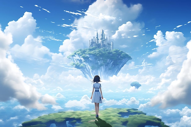 una ragazza sta su una scogliera guardando un castello nel cielo