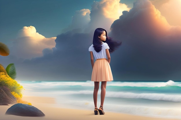 Una ragazza sta sulla spiaggia guardando il cielo