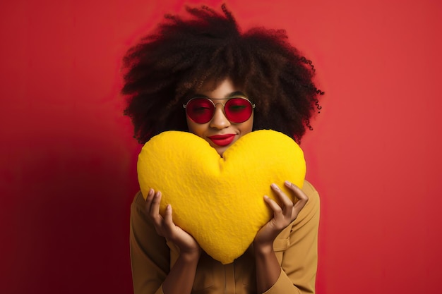 una ragazza sta tenendo un cuscino a forma di cuore su un giallo una foto in stile afrocaribbean