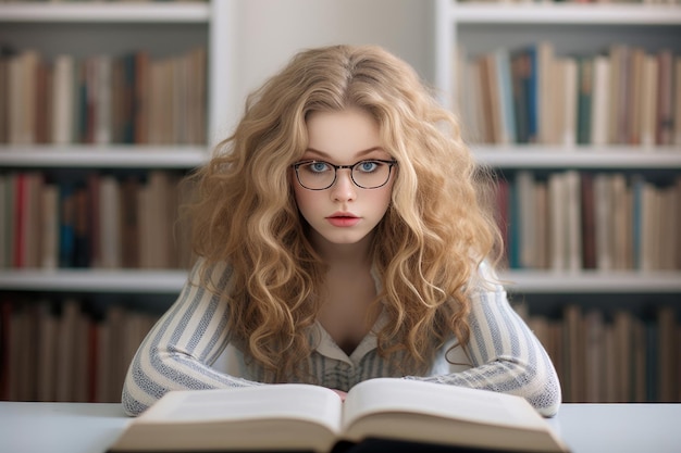 Una ragazza studiosa affascinata dal fascino della biblioteca si addentra in un libro In ogni pagina un mondo in cui si immerge preparandosi alle sfide degli esami