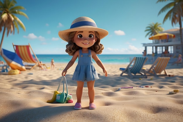 Una ragazza sulla spiaggia che si gode l'estate nello stile di cinema4d