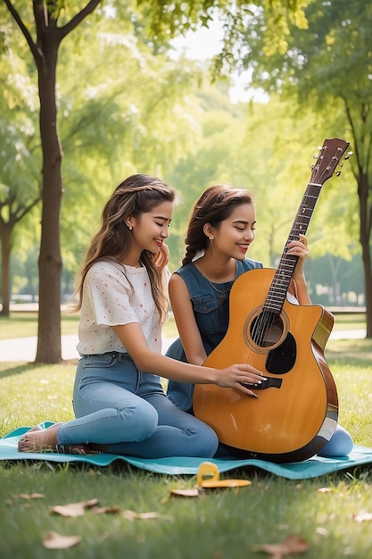 Una ragazza suona la chitarra in un parco con una ragazza che suona la chitara