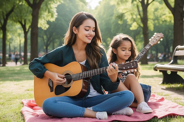 Una ragazza suona la chitarra in un parco con una ragazza che suona la chitara