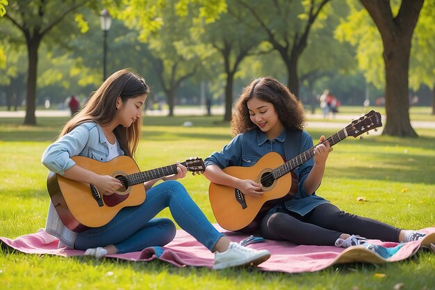 Una ragazza suona la chitarra in un parco con una ragazza che suona la chitara