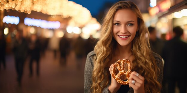 Una ragazza tiene fuori un tradizionale pretzel tedesco