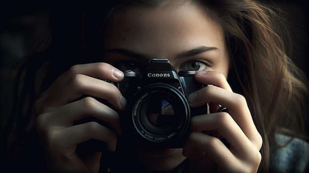 Una ragazza tiene in mano una fotocamera Canon.