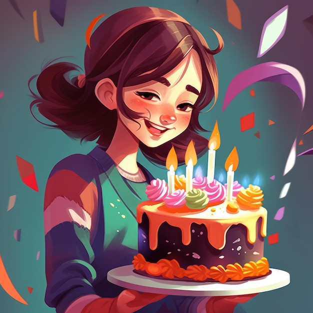 Una ragazza tiene in mano una torta mentre festeggia un'illustrazione di cartone animato di compleanno con ai generativa