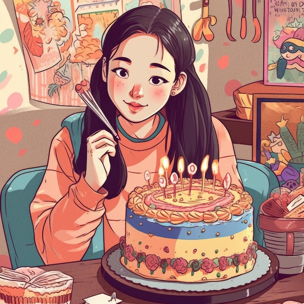 Una ragazza tiene in mano una torta mentre festeggia un'illustrazione di cartone animato di compleanno con ai generativa