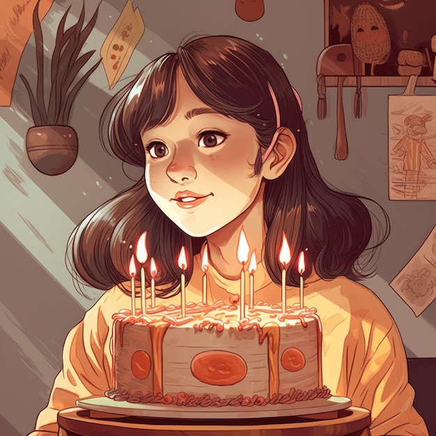 Una ragazza tiene in mano una torta mentre festeggia un'illustrazione di cartone animato di compleanno con ai generativa