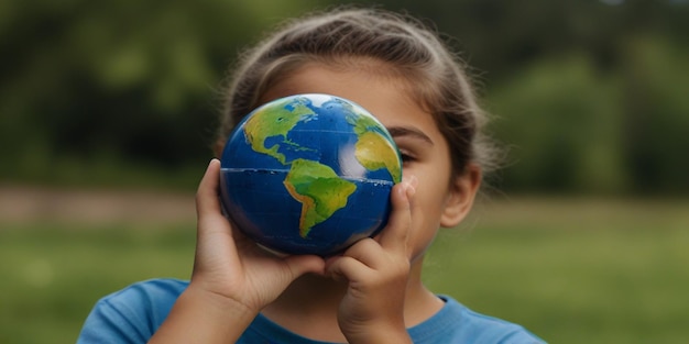 una ragazza tiene un globo con il mondo su di esso