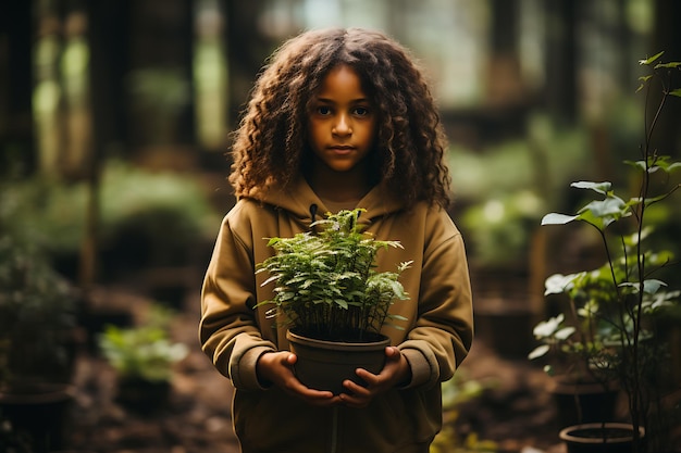 una ragazza tiene una pianta giovane su uno sfondo verde primaverile concetto di ecologia generato da AI