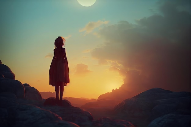 Una ragazza triste si siede su una roccia e guarda in lontananza il tramonto illumina il suo viso Concept art Pittura digitale Illustrazione di fantasia