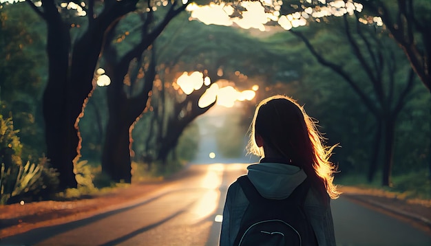 Una ragazza turistica asiatica con uno zaino si trova da sola sulla strada Concetto di turismo d'avventura