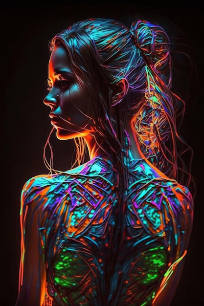 Una ragazza vera figura delineata al neon nell'intelligenza artificiale generativa dell'immagine scura