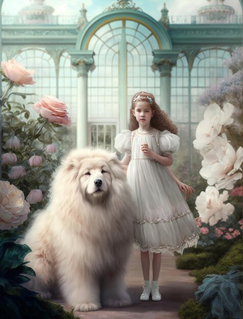 Una ragazza vestita di bianco sta accanto a un grosso cane.