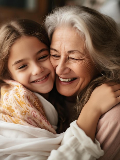 una ragazzina abbraccia sua nonna e sorride