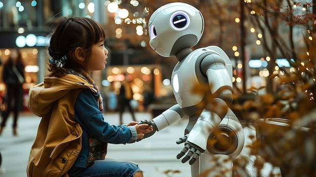 Una ragazzina adorabile è seduta su una panchina nel parco tenendosi per mano con il suo nuovo amico robot