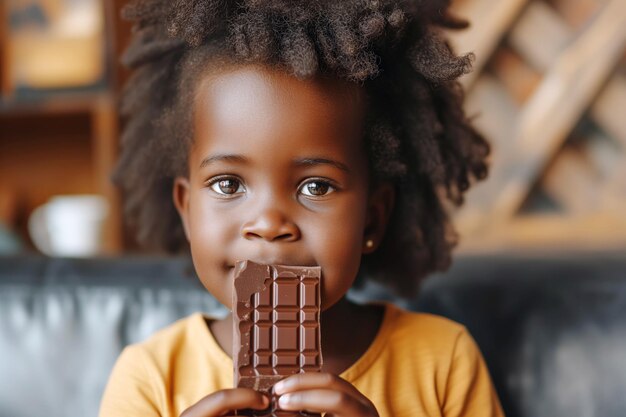 Una ragazzina afroamericana si indulge gioiosamente in una barretta di cioccolato