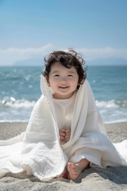 una ragazzina asiatica che indossa un panno bianco sulla spiaggia