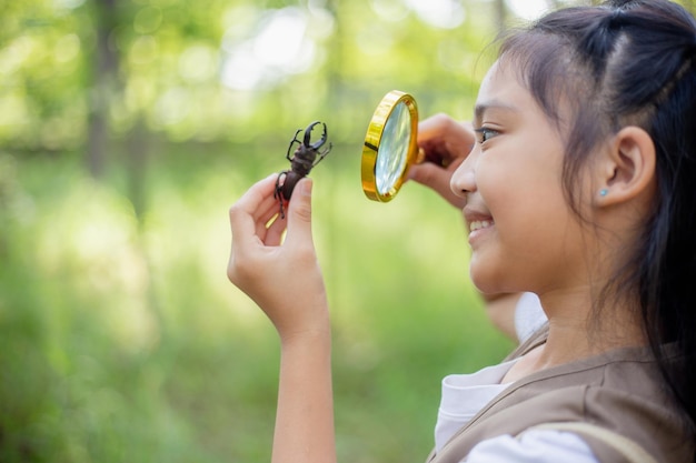 Una ragazzina asiatica che usa una lente d'ingrandimento per studiare uno scarabeo in un parco