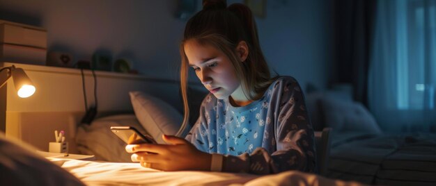 Una ragazzina assorta nello schermo del suo smartphone che illumina il suo viso nel buio della sua camera da letto