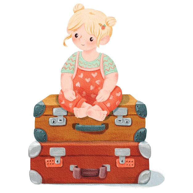 Una ragazzina bionda in una tuta da bambino è seduta sulla valigia retro marrone con l'oro