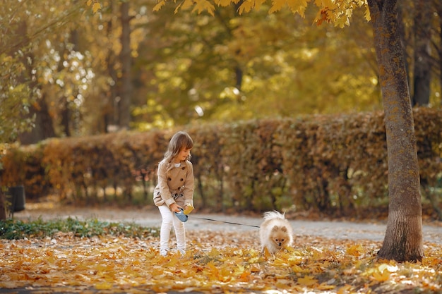 Una ragazzina carina cammina in un parco autunnale con un cane.