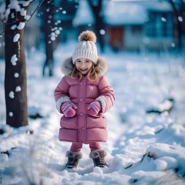 Una ragazzina carina che gioca nella neve