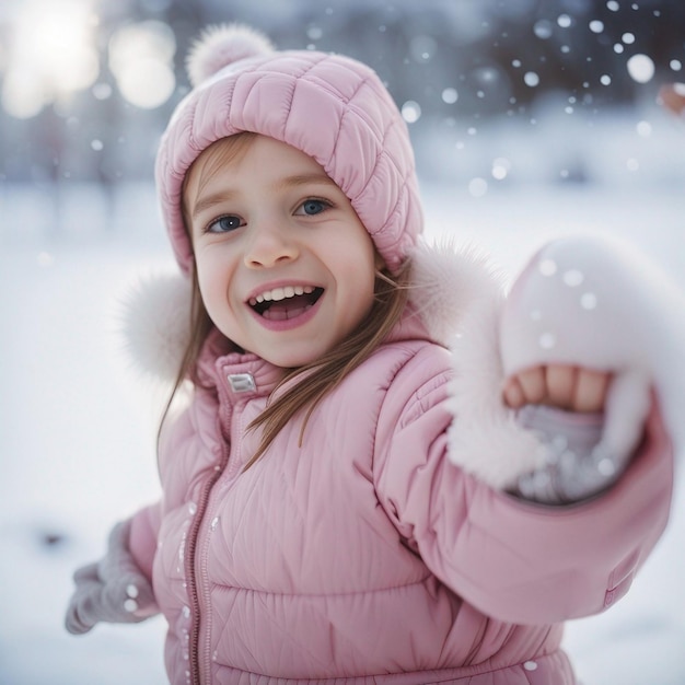 Una ragazzina carina che gioca nella neve