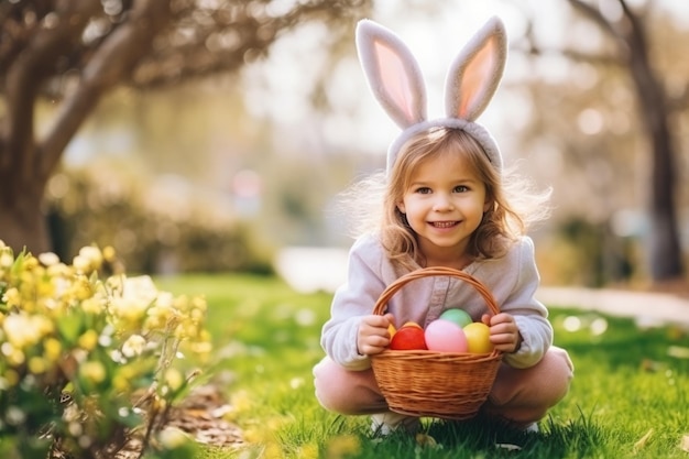 Una ragazzina carina con le orecchie di coniglio caccia le uova sul prato il giorno di Pasqua