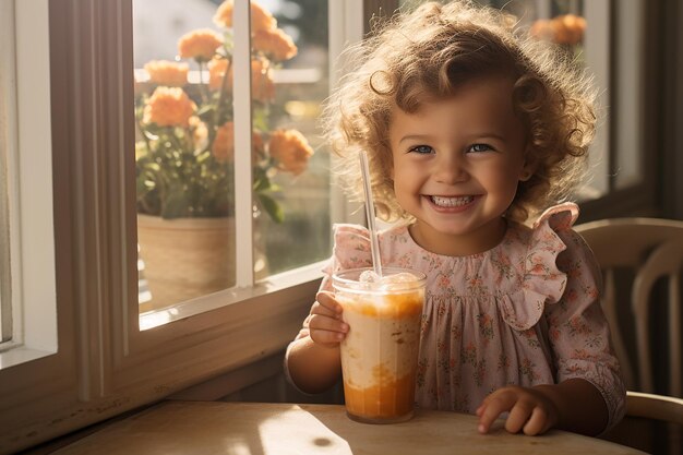 Una ragazzina carina mangia e beve latte in un caffè