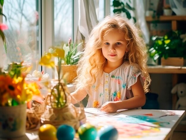 Una ragazzina caucasica di 5 anni con i capelli biondi ricci dipinge uova con vernici per la festa cristiana primaverile di Pasqua su un tavolo sullo sfondo di una finestra