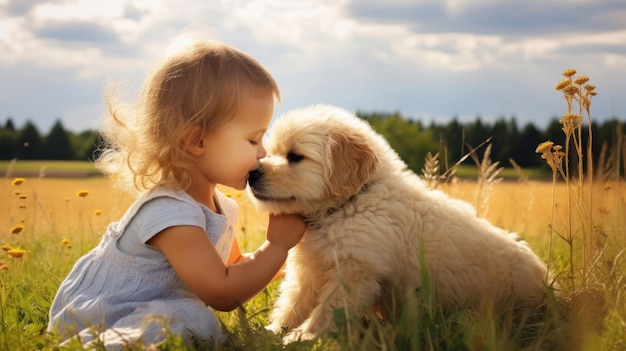 una ragazzina che bacia un cucciolo di cane in un campo di fiori soleggiato con il cielo blu all'ora dorata