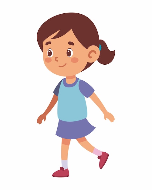 Una ragazzina che cammina con un'espressione allegra, illustrazione di clip art su sfondo bianco