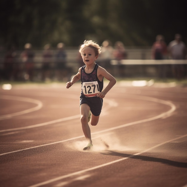 Una ragazzina che corre su una pista con il numero 212 sulla maglietta.