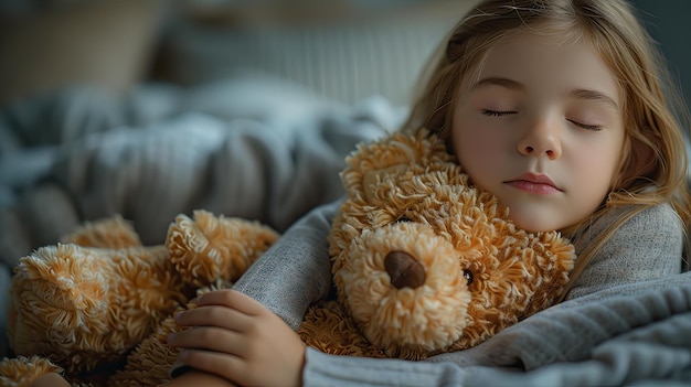 Una ragazzina che dorme in pace con un amato peluche