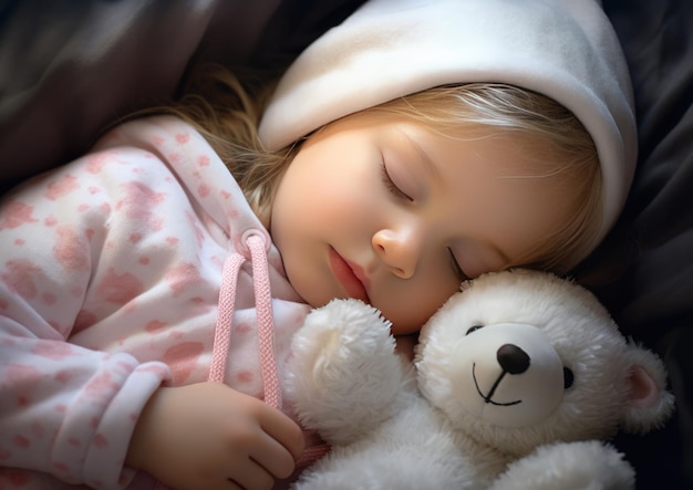una ragazzina che dorme nel letto abbracciando un orsacchiotto