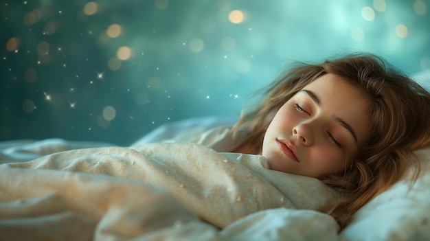 Una ragazzina che dorme su un letto di nuvole