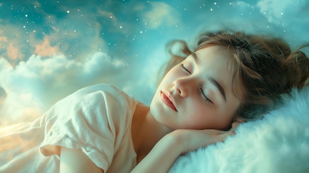 Una ragazzina che dorme su un letto di nuvole