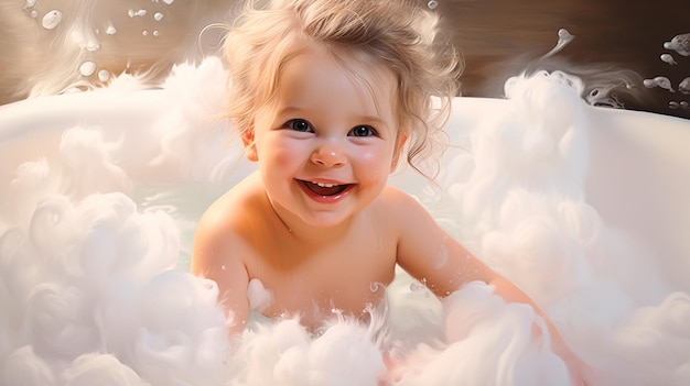 una ragazzina che fa il bagno con una bolla di sapone