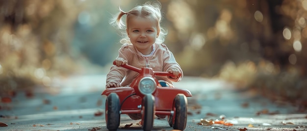 Una ragazzina che guida un'auto a pedale per strada tra i boschi con un grande spazio e uno sfondo sfocato per il testo o la pubblicità del prodotto AI generativa