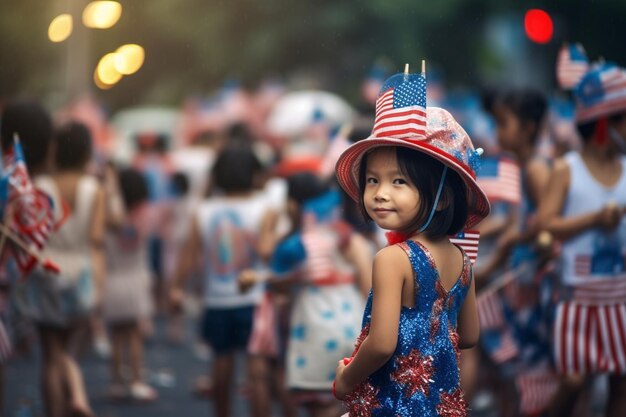 Una ragazzina che indossa un cappello patriottico in piedi nel mezzo di una parata