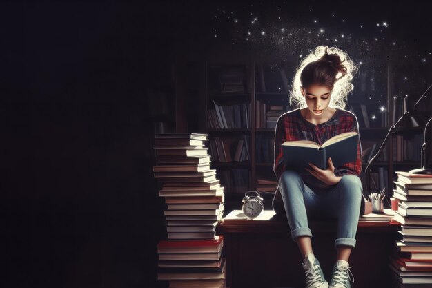 Una ragazzina che legge un libro tra altri libri Luogo per il testo