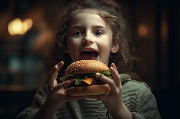 Una ragazzina che mangia un hamburger con la bocca