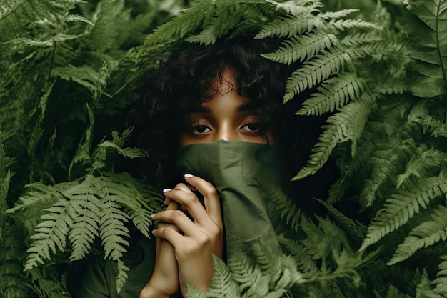 Una ragazzina che nasconde la faccia dietro le piante di felci