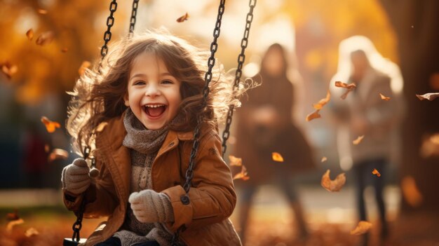 Una ragazzina che sorride su un'altalena con le foglie che cadono attorno a lei